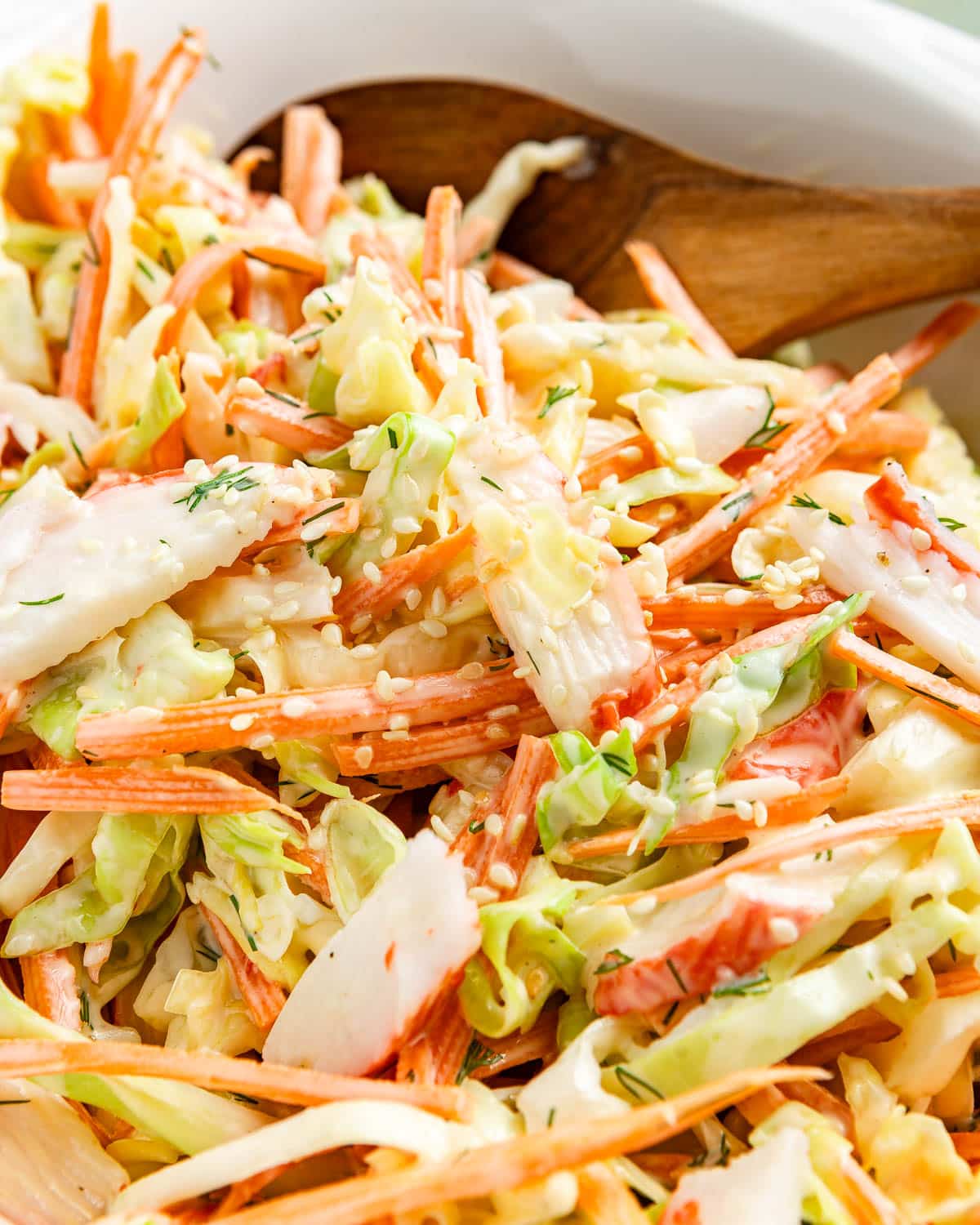 Closeup shot of surimi and veggie salad.
