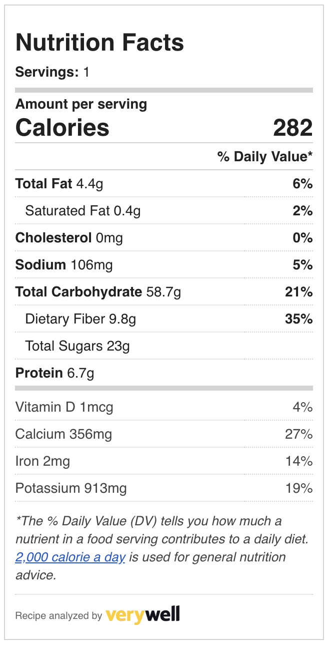 Banana Strawberry Oat smoothie nutritional value label.