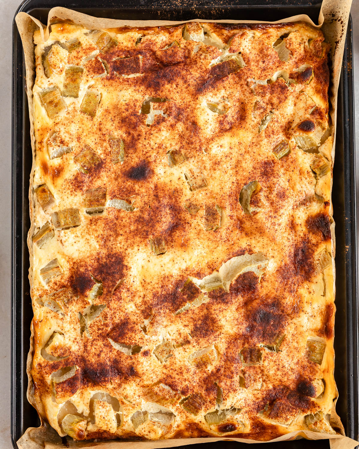 Baked rhubarb sheet pan cake.