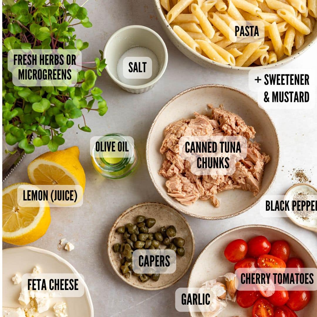 No mayo tuna pasta salad ingredients on a light surface.