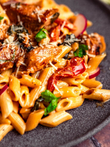 A closeup shot of chicken chipotle pasta salad.