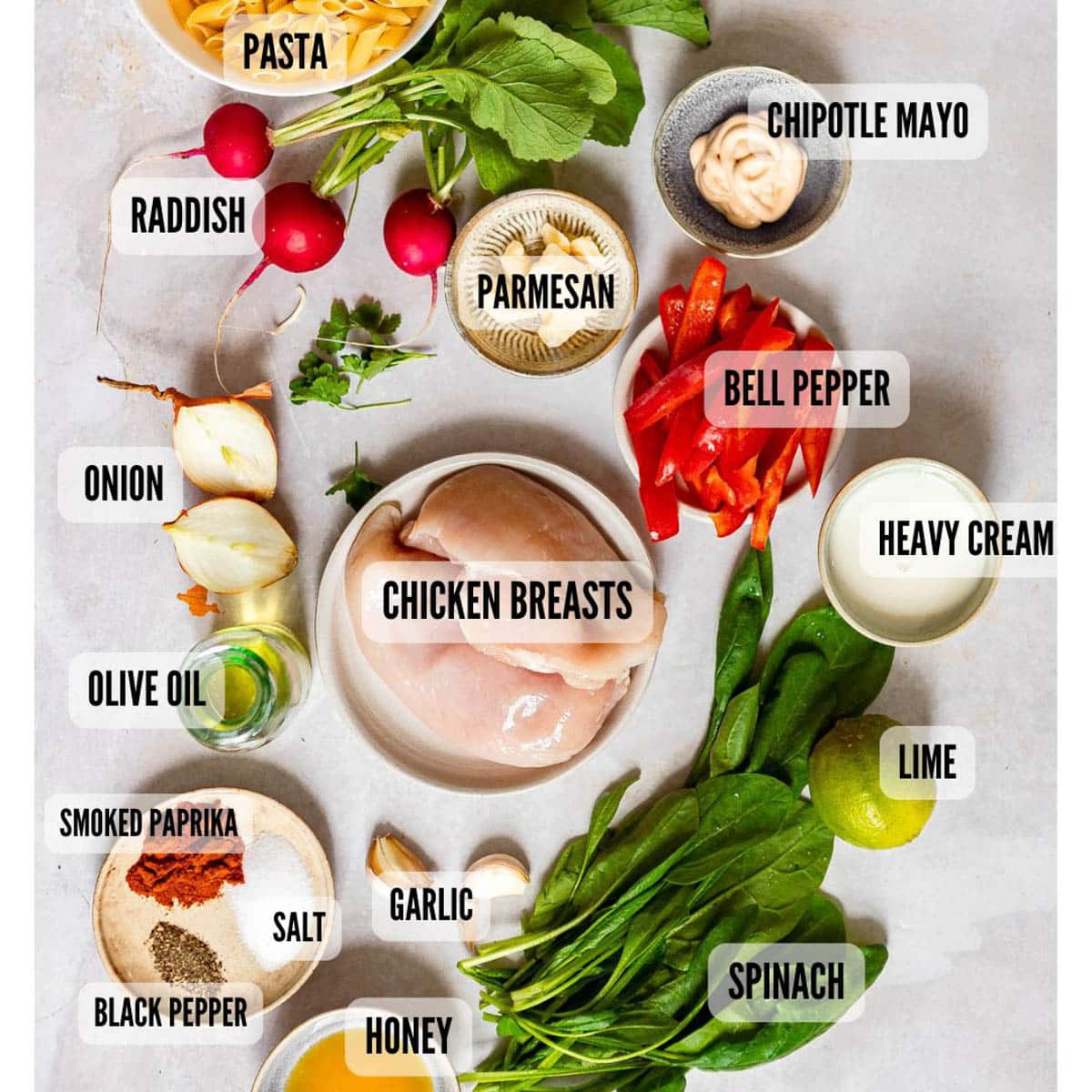 Chipotle chicken pasta salad ingredients shot.