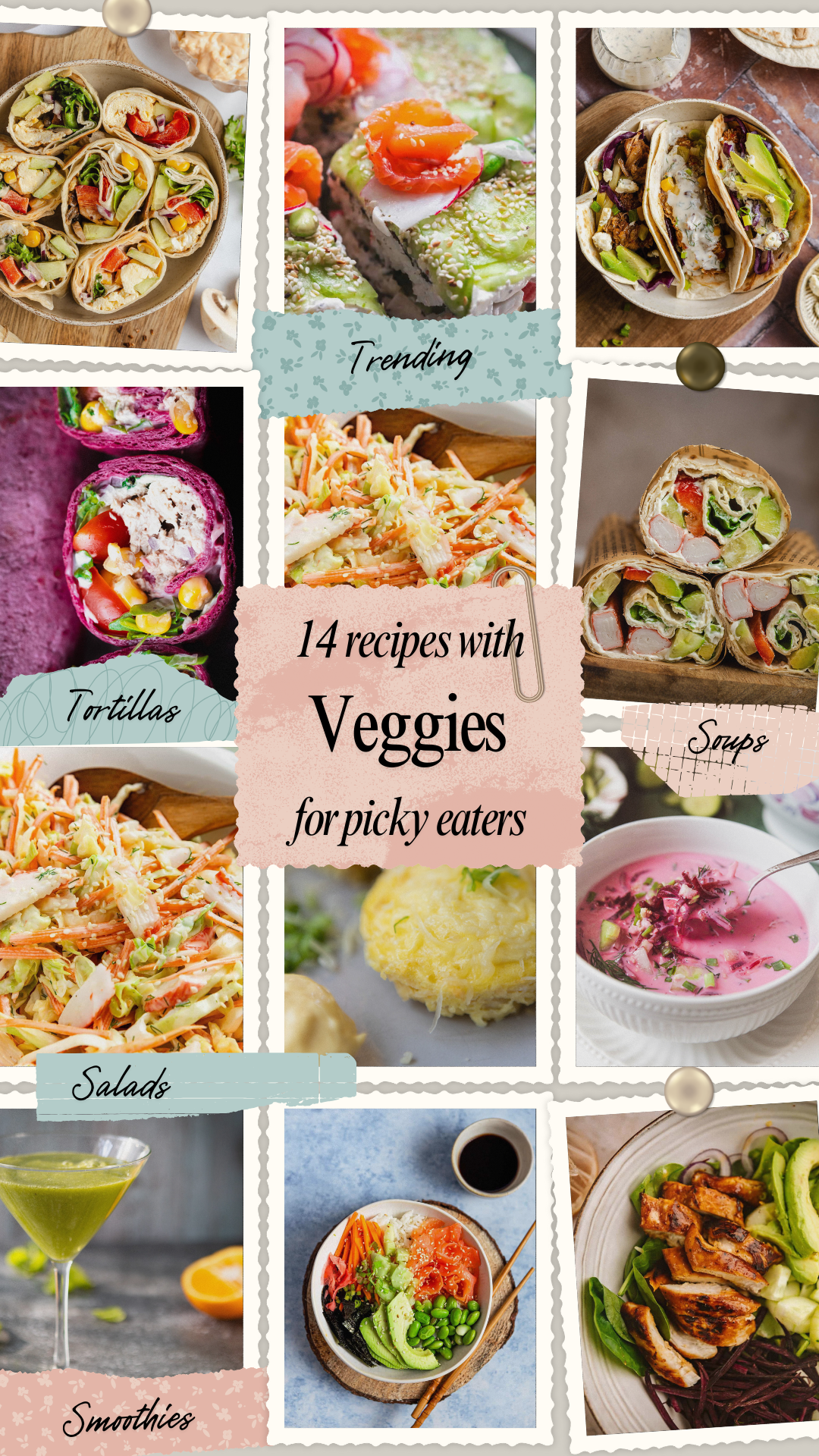 A collage of images of recipes that feature veggies and are kids-friendly.