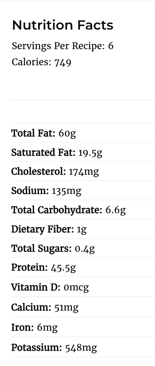 Beef stifado nutritional value label information.